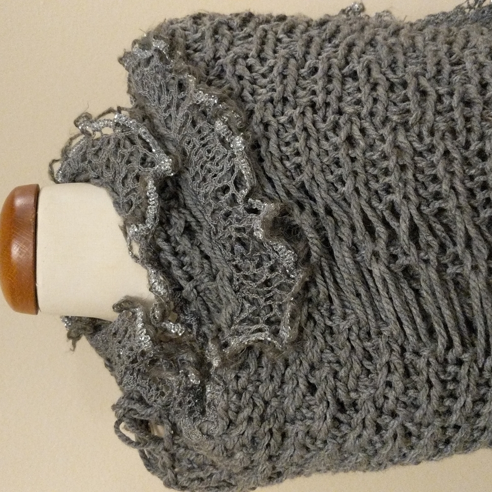 Hand-knitted long scarf/wrap soft yarn . Gray with silver trimming. 88" x 24"